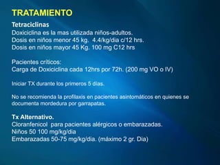 TRATAMIENTO
Tetraciclinas
Doxiciclina es la mas utilizada niños-adultos.
Dosis en niños menor 45 kg. 4.4/kg/dia c/12 hrs.
Dosis en niños mayor 45 Kg. 100 mg C12 hrs
Pacientes críticos:
Carga de Doxiciclina cada 12hrs por 72h. (200 mg VO o IV)
Iniciar TX durante los primeros 5 días.
No se recomienda la profilaxis en pacientes asintomáticos en quienes se
documenta mordedura por garrapatas.
Tx Alternativo.
Cloranfenicol para pacientes alérgicos o embarazadas.
Niños 50 100 mg/kg/dia
Embarazadas 50-75 mg/kg/dia. (máximo 2 gr. Dia)
 