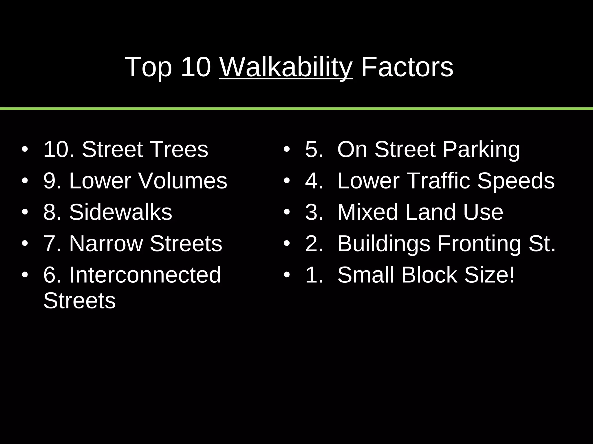 Top 10  Walkability  Factors 10. Street Trees 9. Lower Volumes 8. Sidewalks 7. Narrow Streets  6. Interconnected Streets 5.  On Street Parking 4.  Lower Traffic Speeds 3.  Mixed Land Use 2.  Buildings Fronting St.  1.  Small Block Size! 
