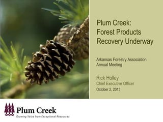 Plum Creek:
Forest Products
Recovery Underway
Arkansas Forestry Association
Annual Meeting
Rick Holley
Chief Executive Officer
October 2, 2013
 