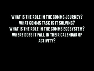 !
whatistheroleinthecommsjourney?
whatcommstaskisitsolving?
whatistheroleinthecommsecosystem?
wheredoesitfallintheircalendarof
activity?
!
 