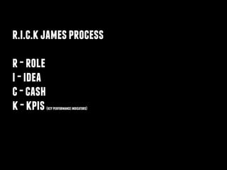 r.i.c.kjamesprocess 
r-role
i-idea
c-cash
k-kpis(keyperformanceindicators)
!
 