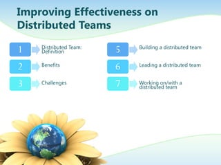 Improving Effectiveness on
Distributed Teams

1

Distributed Team:
Definition

5

Building a distributed team

2

Benefits

6

Leading a distributed team

3

Challenges

7

Working on/with a
distributed team

 