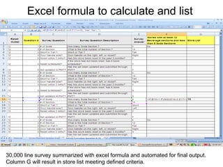 Excel formula to calculate and list  30,000 line survey summarized with excel formula and automated for final output. Column G will result in store list meeting defined criteria. 