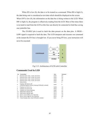 37
When RS is low (0), the data is to be treated as a command. When RS is high (1),
the data being sent is considered as text data which should be displayed on the screen.
When R/W is low (0), the information on the data bus is being written to the LCD. When
RW is high (1), the program is effectively reading from the LCD. Most of the times there
is no need to read from the LCD so this line can directly be connected to Gnd thus saving
one controller line.
The ENABLE pin is used to latch the data present on the data pins. A HIGH -
LOW signal is required to latch the data. The LCD interprets and executes our command
at the instant the EN line is brought low. If you never bring EN low, your instruction will
never be executed.
Fig 2.13: Architecture of LCD with Controller
Commands Used In LED
 