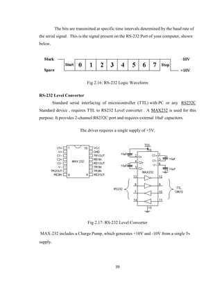 39
The bits are transmitted at specific time intervals determined by the baud rate of
the serial signal. This is the signal present on the RS-232 Port of your computer, shown
below.
Fig 2.16: RS-232 Logic Waveform
RS-232 Level Converter
Standard serial interfacing of microcontroller (TTL) with PC or any RS232C
Standard device , requires TTL to RS232 Level converter . A MAX232 is used for this
purpose. It provides 2-channel RS232C port and requires external 10uF capacitors.
The driver requires a single supply of +5V.
Fig 2.17: RS-232 Level Converter
MAX-232 includes a Charge Pump, which generates +10V and -10V from a single 5v
supply.
 