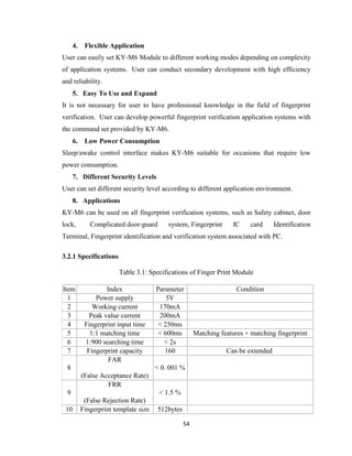 54
4. Flexible Application
User can easily set KY-M6 Module to different working modes depending on complexity
of application systems. User can conduct secondary development with high efficiency
and reliability.
5. Easy To Use and Expand
It is not necessary for user to have professional knowledge in the field of fingerprint
verification. User can develop powerful fingerprint verification application systems with
the command set provided by KY-M6.
6. Low Power Consumption
Sleep/awake control interface makes KY-M6 suitable for occasions that require low
power consumption.
7. Different Security Levels
User can set different security level according to different application environment.
8. Applications
KY-M6 can be used on all fingerprint verification systems, such as Safety cabinet, door
lock, Complicated door-guard system, Fingerprint IC card Identification
Terminal, Fingerprint identification and verification system associated with PC.
3.2.1 Specifications
Table 3.1: Specifications of Finger Print Module
Item Index Parameter Condition
1 Power supply 5V
2 Working current 170mA
3 Peak value current 200mA
4 Fingerprint input time < 250ms
5 1:1 matching time < 600ms Matching features + matching fingerprint
6 1:900 searching time < 2s
7 Fingerprint capacity 160 Can be extended
8
FAR
(False Acceptance Rate)
< 0. 001 %
9
FRR
(False Rejection Rate)
< 1.5 %
10 Fingerprint template size 512bytes
 