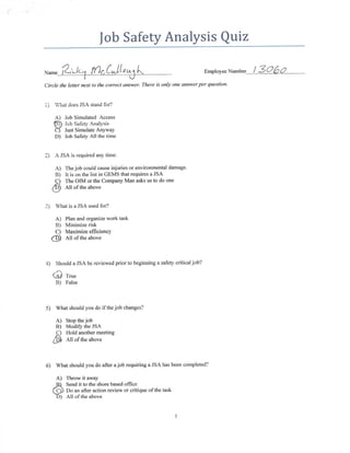 Job Safety Analysys Quiz for Ricky McCullough
