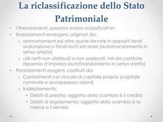 La riclassificazione dello Stato
             Patrimoniale
• I finanziamenti, possono essere riclassificati in:
• finanziamenti endogeni, originati da:
    o ammortamenti ed altre quote rilevate in appositi fondi
       svalutazione o fondi rischi ed oneri (autofinanziamento in
       senso ampio)
    o utili netti non distribuiti o non prelevati, tali da costituire
       risparmio d’impresa (autofinanziamento in senso stretto)
• Finanziamenti esogeni, costituiti da:
    o Conferimenti col vincolo di capitale proprio (capitale
       nominale e sovrapprezzo azioni)
    o Indebitamento:
         • Debiti di prestito: oggetto dello scambio è il credito
         • Debiti di regolamento: oggetto dello scambio è la
           merce o il servizio
 