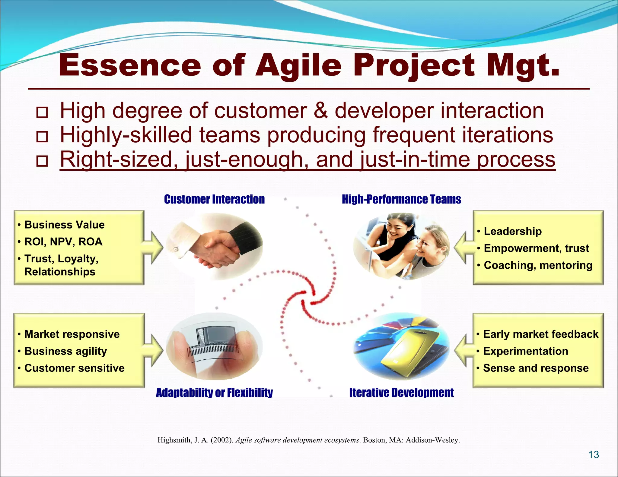 Essence of Agile Project Mgt.
       High degree of customer & developer interaction
       Highly-skilled teams producing frequent iterations
       Right-sized, just-enough, and just-in-time process

• Business Value
                                                                                                                     • Leadership
• ROI, NPV, ROA
                                                                                                                     • Empowerment, trust
• Trust, Loyalty,
                                                                                                                     • Coaching, mentoring
  Relationships




• Market responsive                                                                                                  • Early market feedback
• Business agility                                                                                                   • Experimentation
• Customer sensitive                                                                                                 • Sense and response




                       Highsmith, J. A. (2002). Agile software development ecosystems. Boston, MA: Addison-Wesley.
                                                                                                                                         13
 