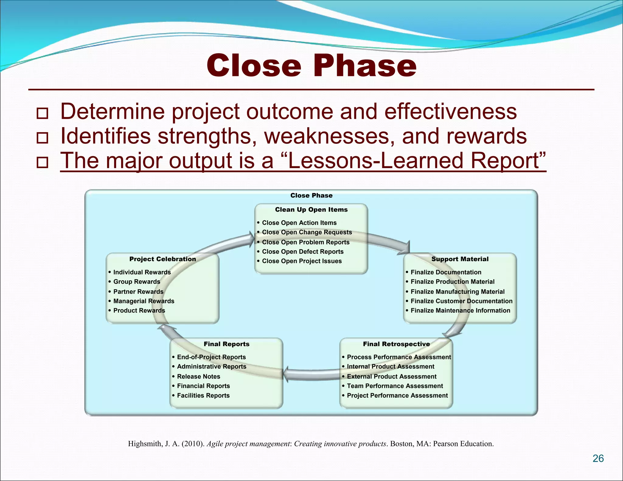 Close Phase
   Determine project outcome and effectiveness
   Identifies strengths, weaknesses, and rewards
   The major output is a “Lessons-Learned Report”
                                                                    Close Phase

                                                               Clean Up Open Items

                                                           Close Open Action Items
                                                           Close Open Change Requests
                                                           Close Open Problem Reports
                                                           Close Open Defect Reports
              Project Celebration                          Close Open Project Issues                           Support Material

         Individual Rewards                                                                            Finalize Documentation
         Group Rewards                                                                                 Finalize Production Material
         Partner Rewards                                                                               Finalize Manufacturing Material
         Managerial Rewards                                                                            Finalize Customer Documentation
         Product Rewards                                                                               Finalize Maintenance Information




                                         Final Reports                                    Final Retrospective

                                End-of-Project Reports                              Process Performance Assessment
                                Administrative Reports                              Internal Product Assessment
                                Release Notes                                       External Product Assessment
                                Financial Reports                                   Team Performance Assessment
                                Facilities Reports                                  Project Performance Assessment




              Highsmith, J. A. (2010). Agile project management: Creating innovative products. Boston, MA: Pearson Education.
                                                                                                                                            26
 