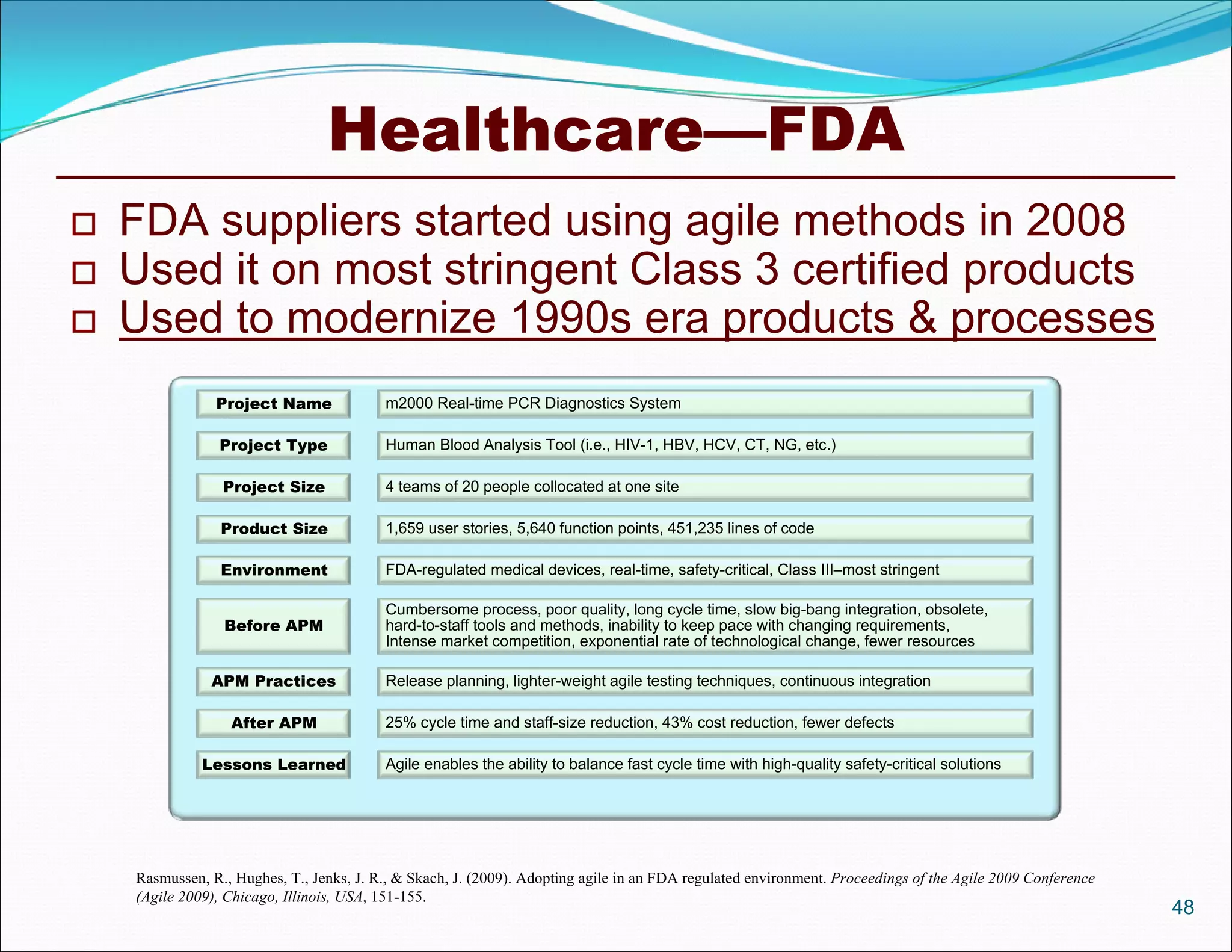Healthcare—FDA
   FDA suppliers started using agile methods in 2008
   Used it on most stringent Class 3 certified products
   Used to modernize 1990s era products & processes
                Project Name              m2000 Real-time PCR Diagnostics System

                Project Type              Human Blood Analysis Tool (i.e., HIV-1, HBV, HCV, CT, NG, etc.)

                 Project Size             4 teams of 20 people collocated at one site

                 Product Size             1,659 user stories, 5,640 function points, 451,235 lines of code

                 Environment              FDA-regulated medical devices, real-time, safety-critical, Class III–most stringent

                                          Cumbersome process, poor quality, long cycle time, slow big-bang integration, obsolete,
                 Before APM               hard-to-staff tools and methods, inability to keep pace with changing requirements,
                                          Intense market competition, exponential rate of technological change, fewer resources

               APM Practices              Release planning, lighter-weight agile testing techniques, continuous integration

                  After APM               25% cycle time and staff-size reduction, 43% cost reduction, fewer defects

              Lessons Learned             Agile enables the ability to balance fast cycle time with high-quality safety-critical solutions




    Rasmussen, R., Hughes, T., Jenks, J. R., & Skach, J. (2009). Adopting agile in an FDA regulated environment. Proceedings of the Agile 2009 Conference
    (Agile 2009), Chicago, Illinois, USA, 151-155.
                                                                                                                                                            48
 