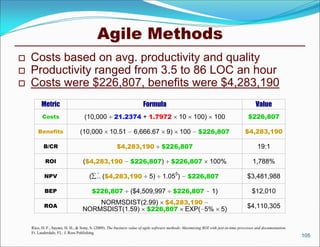 Agile Methods
   Costs based on avg. productivity and quality
   Productivity ranged from 3.5 to 86 LOC an hour
   Costs were $226,807, benefits were $4,283,190
          Metric                                                       Formula                                                             Value
          Costs                     (10,000          21.2374 + 1.7972                        10      100)         100                 $226,807

        Benefits                 (10,000           10.51 – 6,666.67                  9)      100 – $226,807                          $4,283,190

           B/CR                                        $4,283,190                 $226,807                                                  19:1

            ROI                    ($4,283,190 – $226,807)                              $226,807               100%                      1,788%

           NPV                        ( ($4,283,190                               1.055) – $226,807
                                           5
                                           i 1                            5)                                                         $3,481,988

           BEP                          $226,807               ($4,509,997                $226,807 – 1)                                  $12,010
                                      NORMSDIST(2.99) $4,283,190 –
           ROA                                                                                                                        $4,110,305
                                  NORMSDIST(1.59) $226,807 EXP(–5%                                                    5)

    Rico, D. F., Sayani, H. H., & Sone, S. (2009). The business value of agile software methods: Maximizing ROI with just-in-time processes and documentation.
    Ft. Lauderdale, FL: J. Ross Publishing.
                                                                                                                                                                 105
 