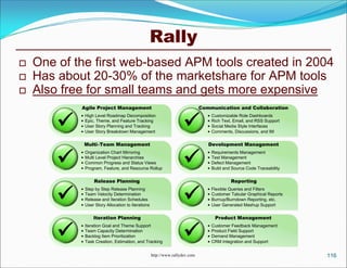 Rally
   One of the first web-based APM tools created in 2004
   Has about 20-30% of the marketshare for APM tools
   Also free for small teams and gets more expensive
            Agile Project Management                                            Communication and Collaboration


                                                                     
               High Level Roadmap Decomposition                                      Customizable Role Dashboards
               Epic, Theme, and Feature Tracking                                     Rich Text, Email, and RSS Support
               User Story Planning and Tracking                                      Social Media Style Interfaces
               User Story Breakdown Management                                       Comments, Discussions, and IM

                Multi-Team Management                                              Development Management


                                                                     
               Organization Chart Mirroring                                          Requirements Management
               Multi Level Project Hierarchies                                       Test Management
               Common Progress and Status Views                                      Defect Management
               Program, Feature, and Resource Rollup                                 Build and Source Code Traceability

                    Release Planning                                                            Reporting


                                                                     
               Step by Step Release Planning                                         Flexible Queries and Filters
               Team Velocity Determination                                           Customer Tabular Graphical Reports
               Release and Iteration Schedules                                       Burnup/Burndown Reporting, etc.
               User Story Allocation to Iterations                                   User Generated Mashup Support

                    Iteration Planning                                                  Product Management


                                                                     
               Iteration Goal and Theme Support                                      Customer Feedback Management
               Team Capacity Determination                                           Product Field Support
               Backlog Item Prioritization                                           Demand Management
               Task Creation, Estimation, and Tracking                               CRM Integration and Support


                                                      http://www.rallydev.com                                               116
 