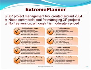ExtremePlanner
   XP project management tool created around 2004
   Noted commercial tool for managing XP projects
   No free version, although it is moderately priced
                  Multiple Project Support                                              Test Management


                                                                  
                 Multiple Project Definition                                      Test Criteria Generation
                 Multiple Project Status Tracking                                 Test Case Generation and Capture
                 Multiple Project Report Generation                               Test Case Initiation
                 Multiple Project Task Tracking                                   Test Status Reporting

                   User Story Generation                                        Integrated Issue Tracking


                                                                  
                 Cross Project Story Themes                                       Track Customer Support Requests
                 Create a Story from an Issue                                     Track Bug Reports
                 Theme and Story Template Reuse                                   Track Ad Hoc Suggestions
                 Inter Project Story Management                                   Transition Issues to User Stories

                      Release Planning                                                 Report Generation


                                                                  
                 Capture User Stories Generated                                   Velocity and Task Tracking
                 Estimate and Prioritize User Stories                             Iteration Burnup/Burndown Charts
                 View Schedule Stories for Releases                               Cumulative Workflow Diagrams
                 View Estimated Effort for Releases                               User Defined Reports

            Drag and Drop Iteration Planning                                         Notification and Alerts


                                                                  
                 Iteration Generation and Management                              Email Notifications
                 Drag and Drop User Story Management                              Notification Capture and Management
                 Iteration Effort Estimation                                      Notification Viewing and Filtering
                 Iteration Status Reporting                                       User Selectable Notifications


                                                http://www.extremeplanner.com                                             118
 