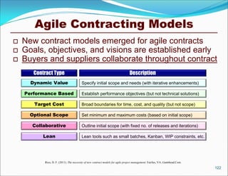 Agile Contracting Models
   New contract models emerged for agile contracts
   Goals, objectives, and visions are established early
   Buyers and suppliers collaborate throughout contract
       Contract Type                                                             Description
      Dynamic Value                      Specify initial scope and needs (with iterative enhancements)

    Performance Based                    Establish performance objectives (but not technical solutions)

       Target Cost                       Broad boundaries for time, cost, and quality (but not scope)

      Optional Scope                     Set minimum and maximum costs (based on initial scope)

      Collaborative                      Outline initial scope (with fixed no. of releases and iterations)

          Lean                           Lean tools such as small batches, Kanban, WIP constraints, etc.




           Rico, D. F. (2011). The necessity of new contract models for agile project management. Fairfax, VA: Gantthead.Com.
                                                                                                                                122
 