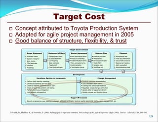 Target Cost
    Concept attributed to Toyota Production System
    Adapted for agile project management in 2005
    Good balance of structure, flexibility, & trust
                                                                                Target Cost Contract

                      Scope Statement                  Statement of Work             Master Agreement                    Release Plan                    Closeout
                     Business vision                 Development days             Non -disclosure terms            Feature priorities          Acceptance test
                     System metaphor                 Support estimate             Product ownership                Wireframes                  Final documentation
                     User stories                    Contingency                  Indemnification terms            Development tasks           Document handover
                     Effort estimate                 Cost estimate                Non-compete terms                Task effort                 Deployment testing
                     Priorities                      Fixed profit                 Administration                   Iteration plan              Joint evaluation
                     Roadmap                         Total cost estimate          Termination terms                Workflow tool               Administrative close



                                                                                       Development

                                    Iterations, Sprints, or Increments                                                      Change Management
                     Perform daily standup meetings                                                 Perform customer demonstration
                     Develop acceptance and unit tests                                              Solicit feedback from client
                     Create or refactor software code in pairs                                      Classify and categorize feedback
                     Check-in code and perform unit testing                                         Negotiate scope changes with client
                     Perform continuous integration                                                 Update letter of agreement (LOA)
                     Hold iteration retrospective                                                   Update release and iteration plans


                                                                                     Support Processes
                   Security engineering, user experience design, software certification testing, quality assurance, configuration management, etc.




Eckfeldt, B., Madden, R., & Horowitz, J. (2005). Selling agile: Target cost contracts. Proceedings of the Agile Conference (Agile 2005), Denver, Colorado, USA, 160-166.
                                                                                                                                                                           124
 
