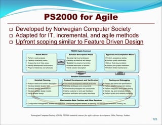 PS2000 for Agile
   Developed by Norwegian Computer Society
   Adapted for IT, incremental, and agile methods
   Upfront scoping similar to Feature Driven Design
                                                                     PS2000 Agile Contract

                    Needs Phase                                    Solution Description Phase                        Approval and Completion Phase
         Perform needs analysis                                Develop high level prototypes                      Perform acceptance testing
         Develop uncertainty matrix                 Sign
                                                                Develop architecture and design                    Perform quality certification
         Analyze top level risks areas            Contract     Establish development priorities                   Deliver final documentation
         Identify development environment                      Prepare description of solution                    Perform joint project evaluation
         Prepare milestones and schedules                      Verify solution description                        Perform limited maintenance

                                                                                Approve                                              Prepare
                                                                                Solution                                             Delivery

                                                                      Iterative Construction

                   Detailed Planning                          Product Development and Verification                       Testing and Debugging
         Analyze needs and solution description           Document development methods and tools                Prepare test plans and specifications
         Develop detailed iteration plan                  Develop prototypes and components                     Perform detailed component testing
         Develop detailed specifications                  Demonstrate prototypes and components                 Perform integration and system testing
         Develop detailed design models                   Gather customer or end user feedback                  Monitor, log, and remediate defects
         Verify detailed design                           Perform verification and quality assurance            Perform quality and reliability modeling



                                                     Checkpoints, Beta Testing, and Other Services

         Configuration management, iteration retrospectives, checkpoint progress reviews, re-planning and mid-course corrections, training, etc.




             Norwegian Computer Society. (2010). PS2000 standard contract for agile software development. Oslo, Norway: Author.
                                                                                                                                                              125
 