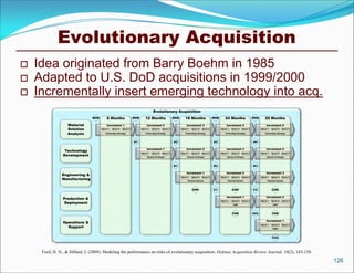 Evolutionary Acquisition
   Idea originated from Barry Boehm in 1985
   Adapted to U.S. DoD acquisitions in 1999/2000
   Incrementally insert emerging technology into acq.
                                                                                         Evolutionary Acquisition
                                MDD        6 Months                    MDD       12 Months                    MDD       18 Months                    MDD       24 Months                    MDD       30 Months
                   Material                Increment 1                            Increment 2                            Increment 3                            Increment 4                            Increment 5
                   Solution           Spiral 1   Spiral 2   Spiral 3         Spiral 1   Spiral 2   Spiral 3         Spiral 1   Spiral 2   Spiral 3         Spiral 1   Spiral 2   Spiral 3         Spiral 1   Spiral 2   Spiral 3

                   Analysis               Technology Strategy                    Technology Strategy                    Technology Strategy                    Technology Strategy                    Technology Strategy




                                                                       A1                                     A2                                     A3                                     A4

                                                                                  Increment 1                            Increment 2                            Increment 3                            Increment 4
                 Technology                                                  Spiral 1   Spiral 2   Spiral 3         Spiral 1   Spiral 2   Spiral 3         Spiral 1   Spiral 2   Spiral 3         Spiral 1   Spiral 2   Spiral 3
                Development                                                        System Prototype                       System Prototype                       System Prototype                       System Prototype




                                                                                                              B1                                     B2                                     B3

                                                                                                                         Increment 1                            Increment 2                            Increment 3
                Engineering &                                                                                       Spiral 1   Spiral 2   Spiral 3         Spiral 1   Spiral 2   Spiral 3         Spiral 1   Spiral 2   Spiral 3
                Manufacturing                                                                                             Finished System                        Finished System                        Finished System




                                                                                                                               CDR                   C1               CDR                   C2               CDR

                                                                                                                                                                Increment 1                            Increment 2
                Production &
                                                                                                                                                           Spiral 1   Spiral 2   Spiral 3         Spiral 1   Spiral 2   Spiral 3
                 Deployment                                                                                                                                            LRIP                                   LRIP




                                                                                                                                                                      FDR                   IOC              FDR

                                                                                                                                                                                                       Increment 1
                Operations &
                                                                                                                                                                                                  Spiral 1   Spiral 2   Spiral 3
                  Support                                                                                                                                                                                     FRPS




                                                                                                                                                                                                             FOC




     Ford, D. N., & Dillard, J. (2009). Modeling the performance an risks of evolutionary acquisition. Defense Acquisition Review Journal, 16(2), 143-158.
                                                                                                                                                                                                                                   126
 