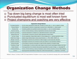 Organization Change Methods
    Top down big bang change is most often tried
    Punctuated equilibrium is most well known form
    Project champions and coaching are very effective
                                                                 Organization Change Methods
            Punctuated Equilibrium       One time radical organizational change often motivated by a severe crisis, i.e., crisis is a catalyst for change

               Personal Influence        Informal appeal for authority to change based on personal trust or relationships, i.e., elevator speech

                 Business Case           Compelling qualitative and quantitative business value analysis, i.e., return on investment analysis

              Executive Coaching         Formal or informal mentoring or tutoring of organizational executives and senior leaders

            Executive Commitment         A personal endorsement for change from an organizational executive or senior leader

             Adequate Resources          Formal allocation of resources to execute a large organizational change initiative

               Top Down Change           One time organization change initiative based on a formal strategic plan, i.e., big bang organization change

             Model Driven Change         Isolated change initiatives based on step by step frameworks, i.e., PDCA, DMAIC, DMADV, etc.

             Manager Involvement         Psychological involvement and commitment of middle managers to avoid bureaucratic obfuscation

            Employee Involvement         Psychological involvement and commitment of lower level workforce to avoid operational resistance

             Training & Education        Formal classroom instruction and education to impart the skills necessary for successful change

             Evolutionary Change         The implementation of numerous smaller scale changes to prevent long term psychological resistance and chaos

               Project Champion          Formal appointment of an individual to take personal responsibility for success of change, i.e., heavyweight PM

             Coaching & Mentoring        Formal or informal mentoring or tutoring of employees or team members to help them overcome hidden obstacles

                   Just Do It            Assuming personal responsibility for change with or without formal authorization, i.e., forgiveness vs. permission



    Holman, P., Devane, T., & Cady, S. (2007). The change handbook: The definitive resource on today’s best methods for emerging whole systems. Berrett-Koehler.
                                                                                                                                                                   134
 
