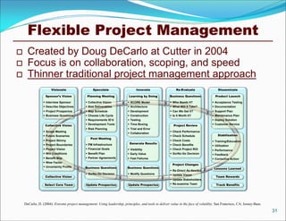 Flexible Project Management
     Created by Doug DeCarlo at Cutter in 2004
     Focus is on collaboration, scoping, and speed
     Thinner traditional project management approach
                      Visionate                    Speculate                     Innovate                   Re-Evaluate                  Disseminate

                  Sponsor’s Vision             Planning Meeting            Learning by Doing            Business Questions             Product Launch

                  Interview Sponsor           Collective Vision           SCORE Model                 Who Needs It?               Acceptance Testing
                  Describe Objectives         Size Deliverables           Architecture                What Will It Take?          Documentation
                  Project Prospectus          Map Schedule                Development                 Can We Get It?              Support Plan
                  Business Questions          Choose Life Cycle           Construction                Is It Worth It?             Maintenance Plan
                                               Requirements ID’d           Testing                                                  Deploy Solution
                                               Development Tools           Time Boxing                                              Customer Service
                  Collective Vision                                                                       Project Review
                                               Risk Planning               Trial and Error
                  Scope Meeting                                                                         Check Performance
                                                                            Collaboration
                  Future Scenarios                                                                      Check Schedule                 Stabilization
                                                 Post Meeting
                  Project Skinny                                                                        Check Costs                 Training/Education
                  Project Boundaries          PM Infrastructure           Generate Results             Check Benefits              Utilization
                  Project Vision              Financial Goals             Visibility                  Check Project ROI           Performance
                  Win Conditions              Benefit Plan                Early Value                 Go/No-Go Decision           Feedback
                  Benefit Map                 Partner Agreements          Fast Failures                                            Corrective Action
                  Wow Factor
                                                                                                          Project Changes
                  Uncertainty Profile       Business Questions            Business Questions                                         Lessons Learned
                                                                                                         Re-Direct As-Needed
                                               Go/No-Go Decision           Modify Questions            Update Vision
                  Collective Vision                                                                                                    Team Rewards
                                                                                                         Update Stakeholders
                  Select Core Team            Update Prospectus            Update Prospectus             Re-examine Team               Track Benefits




    DeCarlo, D. (2004). Extreme project management: Using leadership, principles, and tools to deliver value in the face of volatility. San Francisco, CA: Jossey-Bass.
                                                                                                                                                                          31
 