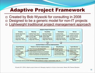 Adaptive Project Framework
   Created by Bob Wysocki for consulting in 2008
   Designed to be a generic model for non-IT projects
   Lightweight traditional project management approach
                                                               Adaptive Project Framework

             Scoping                      Planning                     Feasibility                 Checkpoint                Review

        Identify Opportunity        Identify Project Type        Develop Prototype          Analyze Needs          Finalize Documents
        Develop CoS                 Prioritize Constraints       Reprioritize Needs         Evaluation Solution    Lessons Learned
        Write PoS                   Develop WBS                  Detailed WBS               Estimate Value         Process Changes
        Document Needs              Team Formation               Estimate Resources         Determine Success      Final Report
        Stage Gate 1 Review         Stage Gate 2 Review          Stage Gate 3 Review        Stage Gate 4 Review    Stage Gate 5 Review




                                                     Cyclical Product or Service Implementation

         Cycle Planning                 Product or Service Implementation                      Daily Meetings           Cycle Reviews

        Responsibilities            Select Personnel with Needed Skills                  Arrange Facilities         Update Requirements
        Timelines                   Identify Detailed Technical Tasks                    Prepare Agendas            Update Scope
        Work Packages               Create Detailed Architectures and Designs            Send Meeting Notices       Update Schedules
        Communications              Select and Implement Technical Solutions             Facilitate Meetings        Update Plans
        Governance                  Perform Development and Operational Tests            Record Action Items        Inform Stakeholders



                                                  Continuous Improvement
                                                                                                                        Stage Gate 3.n
        Continually improve process, documents, team, architecture, designs, implementation, tests, etc.                  Review




       Wysocki, R.F. (2010). Adaptive project framework: Managing complexity in the face of uncertainty. Boston, MA: Pearson Education.
                                                                                                                                              32
 