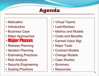 Agenda

•   Motivation                 •   Virtual Teams
•   Introduction               •   Lean/Kanban
•   Business Case              •   Metrics and Models
•   Major Approaches           •   Costs and Benefits
• Major Phases                 •   Earned Value Mgt.
•   Release Planning           •   Major Tools
•   Iteration Planning         •   Contract Models
•   Estimating Practices       •   Change Models
•   Risk Analysis              •   Case Studies
•   Security Engineering       •   Summary
•   Scaling Practices          •   Resources
                                                        34
 