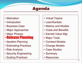 Agenda

•   Motivation                 •   Virtual Teams
•   Introduction               •   Lean/Kanban
•   Business Case              •   Metrics and Models
•   Major Approaches           •   Costs and Benefits
•   Major Phases               •   Earned Value Mgt.
• Release Planning             •   Major Tools
•   Iteration Planning         •   Contract Models
•   Estimating Practices       •   Change Models
•   Risk Analysis              •   Case Studies
•   Security Engineering       •   Summary
•   Scaling Practices          •   Resources
                                                        40
 