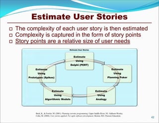 Estimate User Stories
   The complexity of each user story is then estimated
   Complexity is captured in the form of story points
   Story points are a relative size of user needs
                                                     Estimate User Stories



                                                         Estimate
                                                            Using
                                                      Delphi (PERT)
              Estimate                                                                               Estimate
                Using                                                                                   Using
         Prototypes (Spikes)                                                                    Planning Poker




                                Estimate                                          Estimate
                                  Using                                              Using
                        Algorithmic Models                                         Analogy




              Beck, K., & Fowler, M. (2001). Planning extreme programming. Upper Saddle River, NJ: Addison-Wesley.
              Cohn, M. (2004). User stories applied: For agile software development. Boston, MA: Pearson Education.
                                                                                                                      42
 