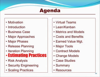Agenda

•   Motivation               •   Virtual Teams
•   Introduction             •   Lean/Kanban
•   Business Case            •   Metrics and Models
•   Major Approaches         •   Costs and Benefits
•   Major Phases             •   Earned Value Mgt.
•   Release Planning         •   Major Tools
•   Iteration Planning       •   Contract Models
• Estimating Practices       •   Change Models
• Risk Analysis              •   Case Studies
• Security Engineering       •   Summary
• Scaling Practices          •   Resources
                                                      54
 