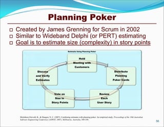 Planning Poker
   Created by James Grenning for Scrum in 2002
   Similar to Wideband Delphi (or PERT) estimating
   Goal is to estimate size (complexity) in story points
                                                            Estimate Using Planning Poker



                                                                        Hold
                                                                  Meeting with
                                                                   Customers
                        Discuss                                                                                  Distribute
                       and Verify                                                                                 Planning
                       Estimates                                                                               Poker Cards




                                            Vote on                                             Review
                                             Size in                                             Each
                                         Story Points                                        User Story




     Molokken-Ostvold, K., & Haugen, N. C. (2007). Combining estimates with planning poker: An empirical study. Proceedings of the 18th Australian
     Software Engineering Conference (ASWEC 2007), Melbourne, Australia, 349-358.
                                                                                                                                                     56
 