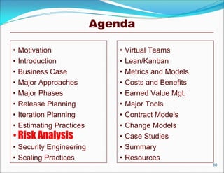 Agenda

•   Motivation                 •   Virtual Teams
•   Introduction               •   Lean/Kanban
•   Business Case              •   Metrics and Models
•   Major Approaches           •   Costs and Benefits
•   Major Phases               •   Earned Value Mgt.
•   Release Planning           •   Major Tools
•   Iteration Planning         •   Contract Models
•   Estimating Practices       •   Change Models
• Risk Analysis                •   Case Studies
• Security Engineering         •   Summary
• Scaling Practices            •   Resources
                                                        60
 
