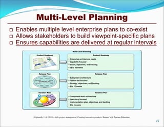 Multi-Level Planning
   Enables multiple level enterprise plans to co-exist
   Allows stakeholders to build viewpoint-specific plans
   Ensures capabilities are delivered at regular intervals
                                                       Multi-Level Planning

              Product Roadmap                                                  Product Roadmap

                                                    Enterprise architecture needs
                                                    Capability focused
                                                    Vision, objectives, and backlog
                                                    18 to 36 weeks


                Release Plan                                                     Release Plan

                                                    Subsystem architecture
                                                    Feature set focused
                                                    Strategy, objectives, and backlog
                                                    6 to 12 weeks


                Iteration Plan                                                   Iteration Plan

                                                    Component-level architecture
                                                    User story focused
                                                    Implementation plan, objectives, and backlog
                                                    2 to 4 weeks




           Highsmith, J. A. (2010). Agile project management: Creating innovative products. Boston, MA: Pearson Education.
                                                                                                                             75
 
