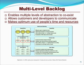 Multi-Level Backlog
   Enables multiple levels of abstraction to co-exist
   Allows customers and developers to communicate
   Makes optimum use of people’s time and resources
                                                         Multi-Level Backlog

                      Capabilities                                                    Capability

                                                     Mission goal or objective level
         Capability     Capability   Capability      High-level business or product function
            1              2            3
                                                     Also called an Epic, i.e., multiple feature sets
                                                     Comprises 18-90 days worth of work


                      Feature Sets                                                   Feature Set

                                                     Cross-functional mission threads
          Feature        Feature      Feature
             1              2            3
                                                     Related user stories that are grouped together
                                                     Also called a Theme, i.e., implemented as an entity
                                                     Comprises 6 to 30 days worth of work


                      User Stories                                                   User Story

          Story 1        Story 4      Story 7        Functional, system-level requirements
                                                     Simple requirement written by customer or user
          Story 2        Story 5      Story 8
                                                     A small unit of functionality having business value
          Story 3        Story 6      Story 9        Comprises 2 to 10 days worth of work




            Highsmith, J. A. (2010). Agile project management: Creating innovative products. Boston, MA: Pearson Education.
                                                                                                                              76
 