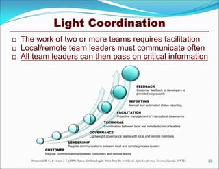 Light Coordination
   The work of two or more teams requires facilitation
   Local/remote team leaders must communicate often
   All team leaders can then pass on critical information


                                                                                                 FEEDBACK
                                                                                                 Customer feedback to developers is
                                                                                                 provided very quickly

                                                                                          REPORTING
                                                                                          Manual and automated status reporting

                                                                                FACILITATION
                                                                                Proactive management of intercultural dissonance

                                                                     TECHNICAL
                                                                     Coordination between local and remote technical leaders

                                                        GOVERNANCE
                                                        Lightweight governance teams with local and remote members
                                      LEADERSHIP
                                      Regular communications between local and remote process leaders
                  CUSTOMER
                  Regular communications between customers and remote teams

      Drummond, B. S., & Unson, J. F. (2008). Yahoo distributed agile: Notes from the world over. Agile Conference, Toronto, Canada, 315-321.   85
 