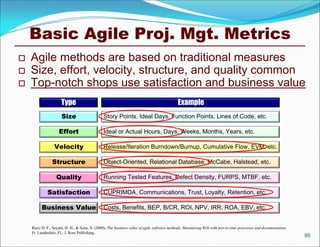 Basic Agile Proj. Mgt. Metrics
   Agile methods are based on traditional measures
   Size, effort, velocity, structure, and quality common
   Top-notch shops use satisfaction and business value
                     Type                                                                   Example
                     Size                      Story Points, Ideal Days, Function Points, Lines of Code, etc.

                    Effort                     Ideal or Actual Hours, Days, Weeks, Months, Years, etc.

                 Velocity                      Release/Iteration Burndown/Burnup, Cumulative Flow, EVM, etc.

                Structure                      Object-Oriented, Relational Database, McCabe, Halstead, etc.

                  Quality                      Running Tested Features, Defect Density, FURPS, MTBF, etc.

             Satisfaction                      CUPRIMDA, Communications, Trust, Loyalty, Retention, etc.

         Business Value                        Costs, Benefits, BEP, B/CR, ROI, NPV, IRR, ROA, EBV, etc.


    Rico, D. F., Sayani, H. H., & Sone, S. (2009). The business value of agile software methods: Maximizing ROI with just-in-time processes and documentation.
    Ft. Lauderdale, FL: J. Ross Publishing.
                                                                                                                                                                 95
 