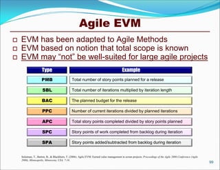 Agile EVM
   EVM has been adapted to Agile Methods
   EVM based on notion that total scope is known
   EVM may “not” be well-suited for large agile projects
                     Type                                                                 Example
                     PMB                       Total number of story points planned for a release

                     SBL                       Total number of iterations multiplied by iteration length

                     BAC                       The planned budget for the release

                     PPC                       Number of current iterations divided by planned iterations

                     APC                       Total story points completed divided by story points planned

                     SPC                       Story points of work completed from backlog during iteration

                     SPA                       Story points added/subtracted from backlog during iteration


    Sulaiman, T., Barton, B., & Blackburn, T. (2006). Agile EVM: Earned value management in scrum projects. Proceedings of the Agile 2006 Conference (Agile
    2006), Minneapolis, Minnesota, USA, 7-16.
                                                                                                                                                              99
 