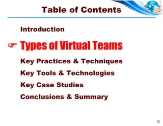 Table of Contents

  Introduction

 Types of Virtual Teams
  Key Practices & Techniques
  Key Tools & Technologies
  Key Case Studies
  Conclusions & Summary


                               12
 