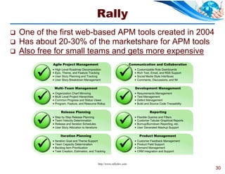 Rally
   One of the first web-based APM tools created in 2004
   Has about 20-30% of the marketshare for APM tools
   Also free for small teams and gets more expensive
             Agile Project Management                                           Communication and Collaboration


                                                                     
               High Level Roadmap Decomposition                                      Customizable Role Dashboards
               Epic, Theme, and Feature Tracking                                     Rich Text, Email, and RSS Support
               User Story Planning and Tracking                                      Social Media Style Interfaces
               User Story Breakdown Management                                       Comments, Discussions, and IM

                Multi-Team Management                                              Development Management


                                                                     
               Organization Chart Mirroring                                          Requirements Management
               Multi Level Project Hierarchies                                       Test Management
               Common Progress and Status Views                                      Defect Management
               Program, Feature, and Resource Rollup                                 Build and Source Code Traceability

                    Release Planning                                                            Reporting


                                                                     
               Step by Step Release Planning                                         Flexible Queries and Filters
               Team Velocity Determination                                           Customer Tabular Graphical Reports
               Release and Iteration Schedules                                       Burnup/Burndown Reporting, etc.
               User Story Allocation to Iterations                                   User Generated Mashup Support

                    Iteration Planning                                                  Product Management


                                                                     
               Iteration Goal and Theme Support                                      Customer Feedback Management
               Team Capacity Determination                                           Product Field Support
               Backlog Item Prioritization                                           Demand Management
               Task Creation, Estimation, and Tracking                               CRM Integration and Support



                                                      http://www.rallydev.com
                                                                                                                            30
 