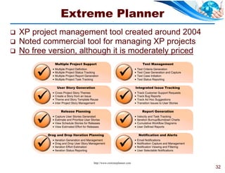 Extreme Planner
   XP project management tool created around 2004
   Noted commercial tool for managing XP projects
   No free version, although it is moderately priced
                  Multiple Project Support                                               Test Management


                                                                   
                 Multiple Project Definition                                       Test Criteria Generation
                 Multiple Project Status Tracking                                  Test Case Generation and Capture
                 Multiple Project Report Generation                                Test Case Initiation
                 Multiple Project Task Tracking                                    Test Status Reporting

                   User Story Generation                                         Integrated Issue Tracking


                                                                   
                 Cross Project Story Themes                                        Track Customer Support Requests
                 Create a Story from an Issue                                      Track Bug Reports
                 Theme and Story Template Reuse                                    Track Ad Hoc Suggestions
                 Inter Project Story Management                                    Transition Issues to User Stories

                      Release Planning                                                  Report Generation


                                                                   
                 Capture User Stories Generated                                    Velocity and Task Tracking
                 Estimate and Prioritize User Stories                              Iteration Burnup/Burndown Charts
                 View Schedule Stories for Releases                                Cumulative Workflow Diagrams
                 View Estimated Effort for Releases                                User Defined Reports

            Drag and Drop Iteration Planning                                          Notification and Alerts


                                                                   
                 Iteration Generation and Management                               Email Notifications
                 Drag and Drop User Story Management                               Notification Capture and Management
                 Iteration Effort Estimation                                       Notification Viewing and Filtering
                 Iteration Status Reporting                                        User Selectable Notifications



                                                 http://www.extremeplanner.com
                                                                                                                           32
 