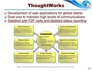 ThoughtWorks
   Development of web applications for global clients
   Goal was to maintain high levels of communications
   Satisfied with F2F visits and detailed status reporting
              Visits & Rotations                                                                         Common Understanding
         Face to Face Kickoff Meetings                                                                Agree on Development Practices
         Customer and Leadership Visits                                                               Setup Wiki Process Repositories
         Developer and Tester Rotations                                                               Share Templates and Artifacts

                                                              Communication
                                                           Web Applications
                                                           Scrum
               Sharing Progress                            Three Sites                                 Regional Accommodations
                                                           US, India, HK, and China
         Virtual Timezone Standups                        115 People                                 Plan for Local Non Work Days
         Localized Standup Meetings                                                                   Exchange Data Before Absences
         Virtual Daily Leadership Meetings                    Status Reporting                        Use Overlapping Work Schedules




               Communications                                 Product Visioning                             Infrastructure Needs
         Periodic Reporting Between Sites             Periodic Visioning Meetings                    Supply Laptops to All Personnel
         Following Up Meetings with Notes             Localized Prototypes and Models                Supply Mobile Computing Devices
         Up To Date Wiki Content Sharing              Recorded Expert Videos                         Supply Internet Services




             Robarts, J. M. (2008). Practical considerations for distributed agile projects. Agile Conference, Toronto, Canada, 327-332.
                                                                                                                                           39
 