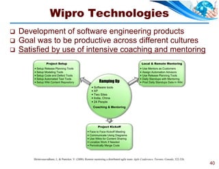 Wipro Technologies
   Development of software engineering products
   Goal was to be productive across different cultures
   Satisfied by use of intensive coaching and mentoring
                  Project Setup                                                                         Local & Remote Mentoring
         Setup Release Planning Tools                                                                 Use Mentors as Customers
         Setup Modeling Tools                                                                         Assign Automation Advisors
         Setup Code and Defect Tools                                                                  Use Release Planning Tools
         Setup Automated Test Tools                                                                   Daily Standups with Mentoring
         Setup Wiki Content Repository                          Ramping Up                            Post Daily Standups Data in Wiki
                                                            Software tools
                                                            XP
                                                            Two Sites
                                                            India, China
                                                            24 People
                                                            Coaching & Mentoring




                                                                Project Kickoff
                                                         Face to Face Kickoff Meeting
                                                         Communicate Using Diagrams
                                                         Use Wikis for Content Sharing
                                                         Localize Work if Needed
                                                         Periodically Merge Code



        Shrinivasavadhani, J., & Panicker, V. (2008). Remote mentoring a distributed agile team. Agile Conference, Toronto, Canada, 322-326.
                                                                                                                                               40
 