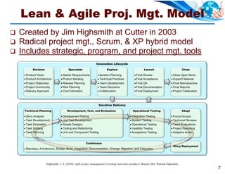 Lean & Agile Proj. Mgt. Model
   Created by Jim Highsmith at Cutter in 2003
   Radical project mgt., Scrum, & XP hybrid model
   Includes strategic, program, and project mgt. tools
                                                                Innovation Lifecycle
           Envision                     Speculate                       Explore                        Launch                           Close

      Product Vision              Gather Requirements           Iteration Planning            Final Review                 Close Open Items
      Product Architecture        Product Backlog               Technical Practices           Final Acceptance             Support Material
      Project Objectives          Release Planning              Team Development              Final QA                     Final Retrospective
      Project Community           Risk Planning                 Team Decisions                Final Documentation          Final Reports
      Delivery Approach           Cost Estimation               Collaboration                 Final Deployment             Project Celebration



                                                                  Iterative Delivery
     Technical Planning                Development, Test, and Evaluation                      Operational Testing                       Adapt

      Story Analysis              Development Pairing                                      Integration Testing              Focus Groups
      Task Development            Unit Test Development                                    System Testing                   Technical Reviews
      Task Estimation             Simple Designs                                           Operational Testing              Team Evaluations
      Task Splitting              Coding and Refactoring                                   Usability Testing                Project Reporting
      Task Planning               Unit and Component Testing                               Acceptance Testing               Adaptive Action


                                                       Continuous
                                                                                                                                Story Deployment
      Standups, Architecture, Design, Build, Integration, Documentation, Change, Migration, and Integration




                      Highsmith, J. A. (2010). Agile project management: Creating innovative products. Boston, MA: Pearson Education.
                                                                                                                                                      7
 