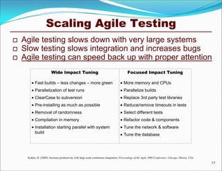 Scaling Agile Testing
 Agile testing slows down with very large systems
 Slow testing slows integration and increases bugs
 Agile testing can speed back up with proper attention
17
Kokko, H. (2009). Increase productivity with large scale continuous integration. Proceedings of the Agile 2009 Conference, Chicago, Illinois, USA.
Wide Impact Tuning
Fast builds – less changes – more green
Parallelization of test runs
ClearCase to subversion
Pre-installing as much as possible
Removal of randomness
Compilation in memory
Installation starting parallel with system
build
Focused Impact Tuning
More memory and CPUs
Parallelize builds
Replace 3rd party test libraries
Reduce/remove timeouts in tests
Select different tests
Refactor code & components
Tune the network & software
Tune the database
 
