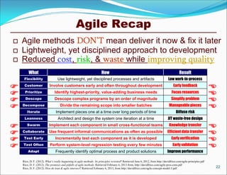Agile Recap
 Agile methods DON’T mean deliver it now & fix it later
 Lightweight, yet disciplined approach to development
 Reduced cost, risk, & waste while improving quality
22
Rico, D. F. (2012). What’s really happening in agile methods: Its principles revisited? Retrieved June 6, 2012, from http://davidfrico.com/agile-principles.pdf
Rico, D. F. (2012). The promises and pitfalls of agile methods. Retrieved February 6, 2013 from, http://davidfrico.com/agile-pros-cons.pdf
Rico, D. F. (2012). How do lean & agile intersect? Retrieved February 6, 2013, from http://davidfrico.com/agile-concept-model-3.pdf
What How Result
Flexibility Use lightweight, yet disciplined processes and artifacts Low work-in-process
Customer Involve customers early and often throughout development Early feedback
Prioritize Identify highest-priority, value-adding business needs Focus resources
Descope Descope complex programs by an order of magnitude Simplify problem
Decompose Divide the remaining scope into smaller batches Manageable pieces
Iterate Implement pieces one at a time over long periods of time Diffuse risk
Leanness Architect and design the system one iteration at a time JIT waste-free design
Swarm Implement each component in small cross-functional teams Knowledge transfer
Collaborate Use frequent informal communications as often as possible Efficient data transfer
Test Early Incrementally test each component as it is developed Early verification
Test Often Perform system-level regression testing every few minutes Early validation
Adapt Frequently identify optimal process and product solutions Improve performance
















 