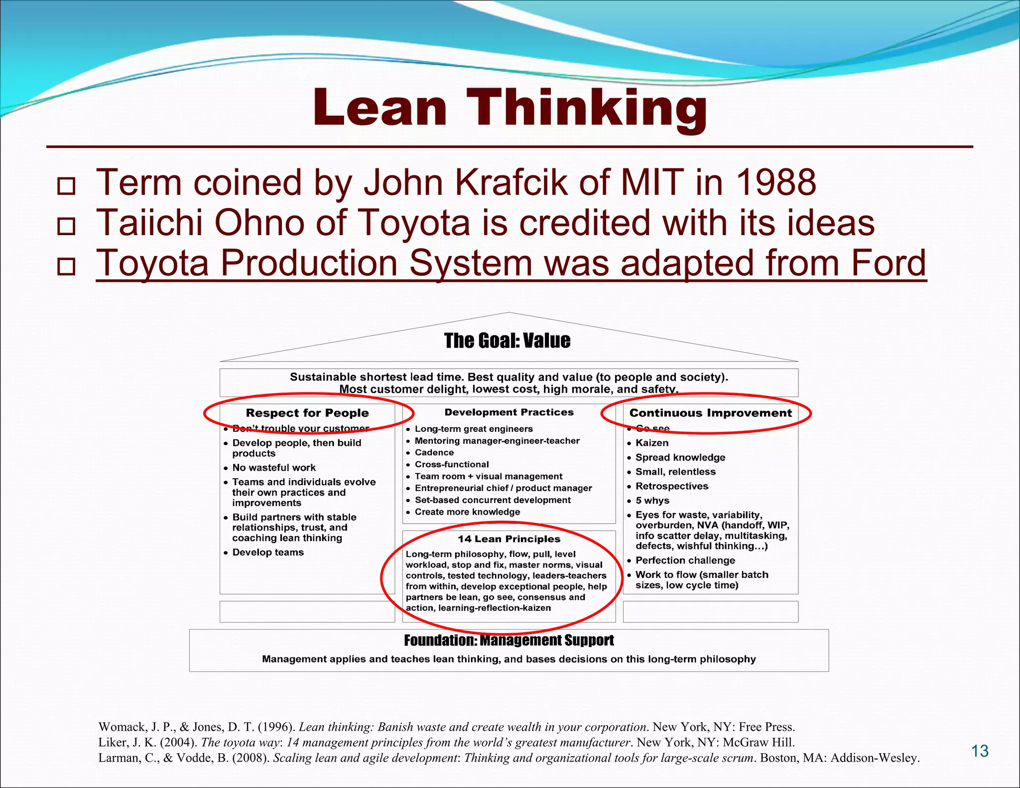 Lean Thinking
13
 Term coined by John Krafcik of MIT in 1988
 Taiichi Ohno of Toyota is credited with its ideas
 Toyota Production System was adapted from Ford
Womack, J. P., & Jones, D. T. (1996). Lean thinking: Banish waste and create wealth in your corporation. New York, NY: Free Press.
Liker, J. K. (2004). The toyota way: 14 management principles from the world’s greatest manufacturer. New York, NY: McGraw Hill.
Larman, C., & Vodde, B. (2008). Scaling lean and agile development: Thinking and organizational tools for large-scale scrum. Boston, MA: Addison-Wesley.
 