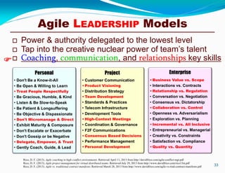 Agile LEADERSHIP Models
Rico, D. F. (2013). Agile coaching in high-conflict environments. Retrieved April 11, 2013 from http://davidfrico.com/agile-conflict-mgt.pdf
Rico, D. F. (2013). Agile project management for virtual distributed teams. Retrieved July 29, 2013 from http://www.davidfrico.com/rico13m.pdf
Rico, D. F. (2013). Agile vs. traditional contract manifesto. Retrieved March 28, 2013 from http://www.davidfrico.com/agile-vs-trad-contract-manifesto.pdf 33
Personal Project Enterprise
• Don't Be a Know-it-All
• Be Open & Willing to Learn
• Treat People Respectfully
• Be Gracious, Humble, & Kind
• Listen & Be Slow-to-Speak
• Be Patient & Longsuffering
• Be Objective & Dispassionate
• Don't Micromanage & Direct
• Exhibit Maturity & Composure
• Don't Escalate or Exacerbate
• Don't Gossip or be Negative
• Delegate, Empower, & Trust
• Gently Coach, Guide, & Lead
• Customer Communication
• Product Visioning
• Distribution Strategy
• Team Development
• Standards & Practices
• Telecom Infrastructure
• Development Tools
• High-Context Meetings
• Coordination & Governance
• F2F Communications
• Consensus Based Decisions
• Performance Management
• Personal Development
• Business Value vs. Scope
• Interactions vs. Contracts
• Relationship vs. Regulation
• Conversation vs. Negotiation
• Consensus vs. Dictatorship
• Collaboration vs. Control
• Openness vs. Adversarialism
• Exploration vs. Planning
• Incremental vs. All Inclusive
• Entrepreneurial vs. Managerial
• Creativity vs. Constraints
• Satisfaction vs. Compliance
• Quality vs. Quantity
 Power & authority delegated to the lowest level
 Tap into the creative nuclear power of team’s talent
 Coaching, communication, and relationships key skills
 
