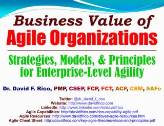 Strategies, Models, & Principles
for Enterprise-Level Agility
Dr. David F. Rico, PMP, CSEP, FCP, FCT, ACP, CSM, SAFe
Twitter: @dr_david_f_rico
Website: http://www.davidfrico.com
LinkedIn: http://www.linkedin.com/in/davidfrico
Agile Capabilities: http://davidfrico.com/rico-capability-agile.pdf
Agile Resources: http://www.davidfrico.com/daves-agile-resources.htm
Agile Cheat Sheet: http://davidfrico.com/key-agile-theories-ideas-and-principles.pdf
Business Value of
Agile Organizations
 