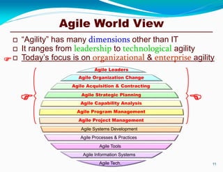Agile World View
 “Agility” has many dimensions other than IT
 It ranges from leadership to technological agility
 Today’s focus is on organizational & enterprise agility
 
Agile Leaders
Agile Organization Change
Agile Acquisition & Contracting
Agile Strategic Planning
Agile Capability Analysis
Agile Program Management
Agile Tech.
Agile Information Systems
Agile Tools
Agile Processes & Practices
Agile Systems Development
Agile Project Management
11

 
