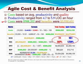 Agile Cost & Benefit Analysis
 Costs based on avg. productivity and quality
 Productivity ranged from 4.7 to 5.9 LOC an hour
 Costs were $588,202 and benefits were $3,930,631
35
Rico, D. F., Sayani, H. H., & Sone, S. (2009). The business value of agile software methods: Maximizing ROI with just-in-time processes and documentation.
Ft. Lauderdale, FL: J. Ross Publishing.
d1 = [ln(Benefits  Costs) + (Rate + 0.5  Risk2)  Years]  Risk   Years, d2 = d1  Risk   Years
 
5
1i

 