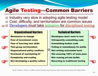  Industry very slow in adopting agile testing model
 Cost, difficulty, and territorialism are common issues
 Developers must take initiative for disciplined testing
51
Technical BarriersOrganizational Barriers
Developers don’t want to test
· Infrequently committing code
· Committing broken code
· Failing to immediately fix builds
· Not writing automated tests
· Not ensuring 100% of tests pass
· Not running private builds
· Resorting to traditional testing
Resistance to change
· Fear of investment costs
· Fear of learning new skills
· Test group territorialism
· Organizational policy conflicts
· Overhead of maintaining CI
· Complexity and scaling
· Not developing a quality culture
··
Duvall, P., Matyas, S., & Glover, A. (2006). Continuous integration: Improving software quality and reducing risk. Boston, MA: Addison-Wesley.






Agile Testing—Common Barriers
 